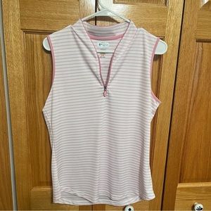 Greg Norman women’s golf shirt. White w/pink stripe. Size Lg Stand zip c…